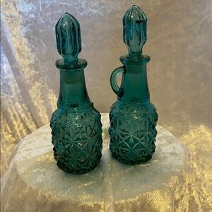 Vintage Blue miniature oil & vinegar bottles w/stoppers.